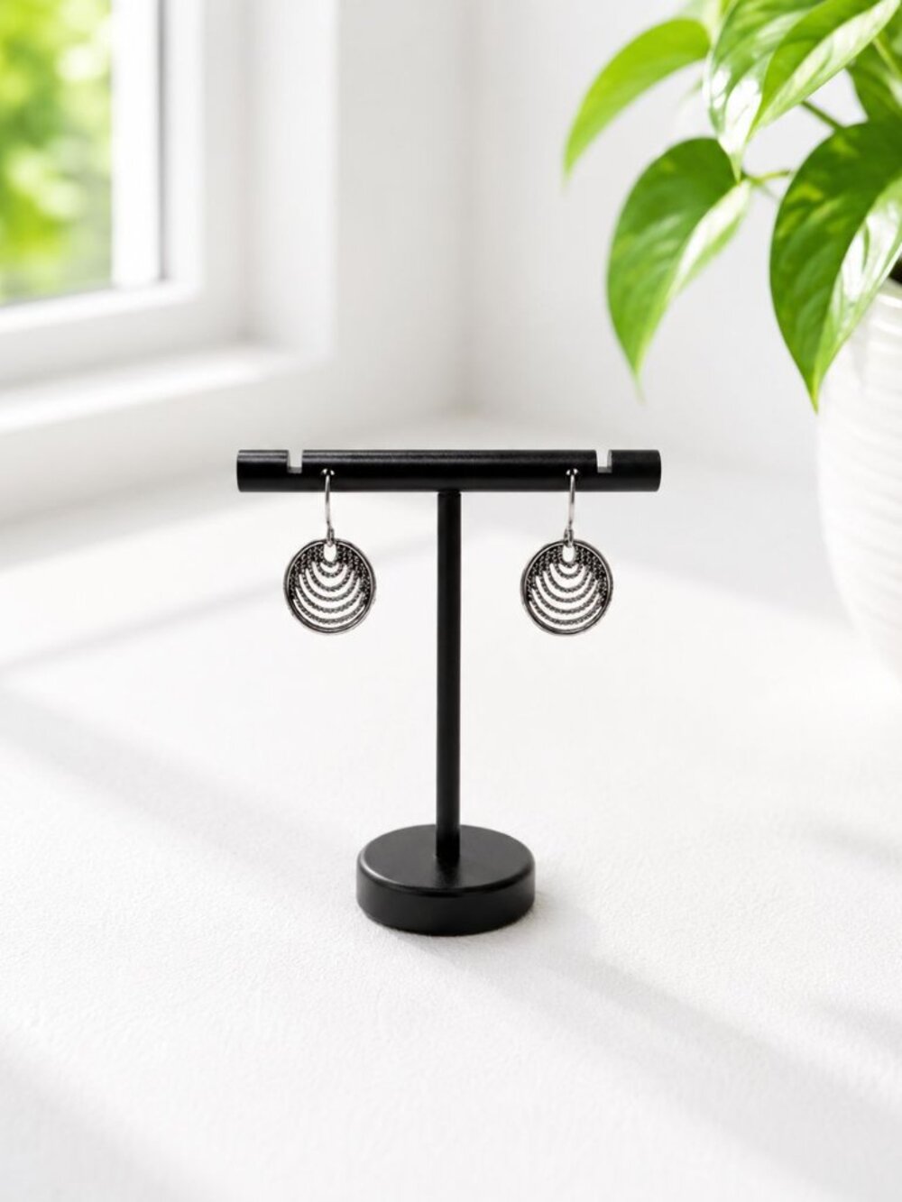 Silver-Tone Vintage-Inspired Round Dangle Earrings With Intricate Layered Design